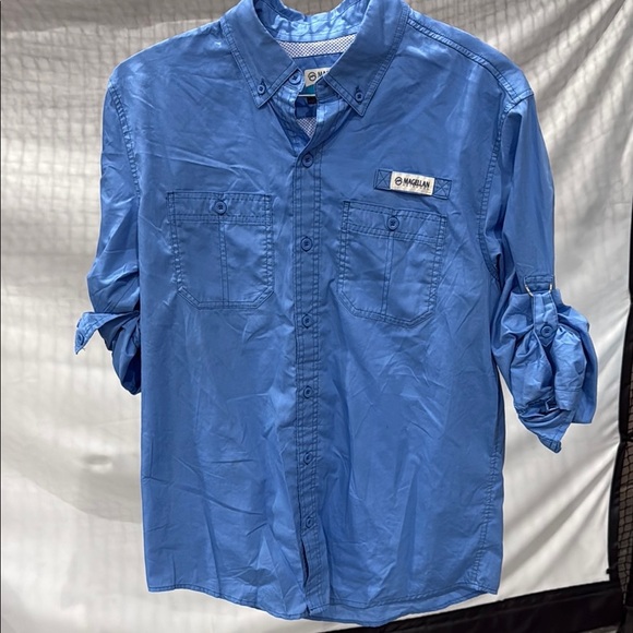 Magellan Outdoors Blue Casual Button Down Shirt with Roll-Up Sleeves - Picture 1 of 3